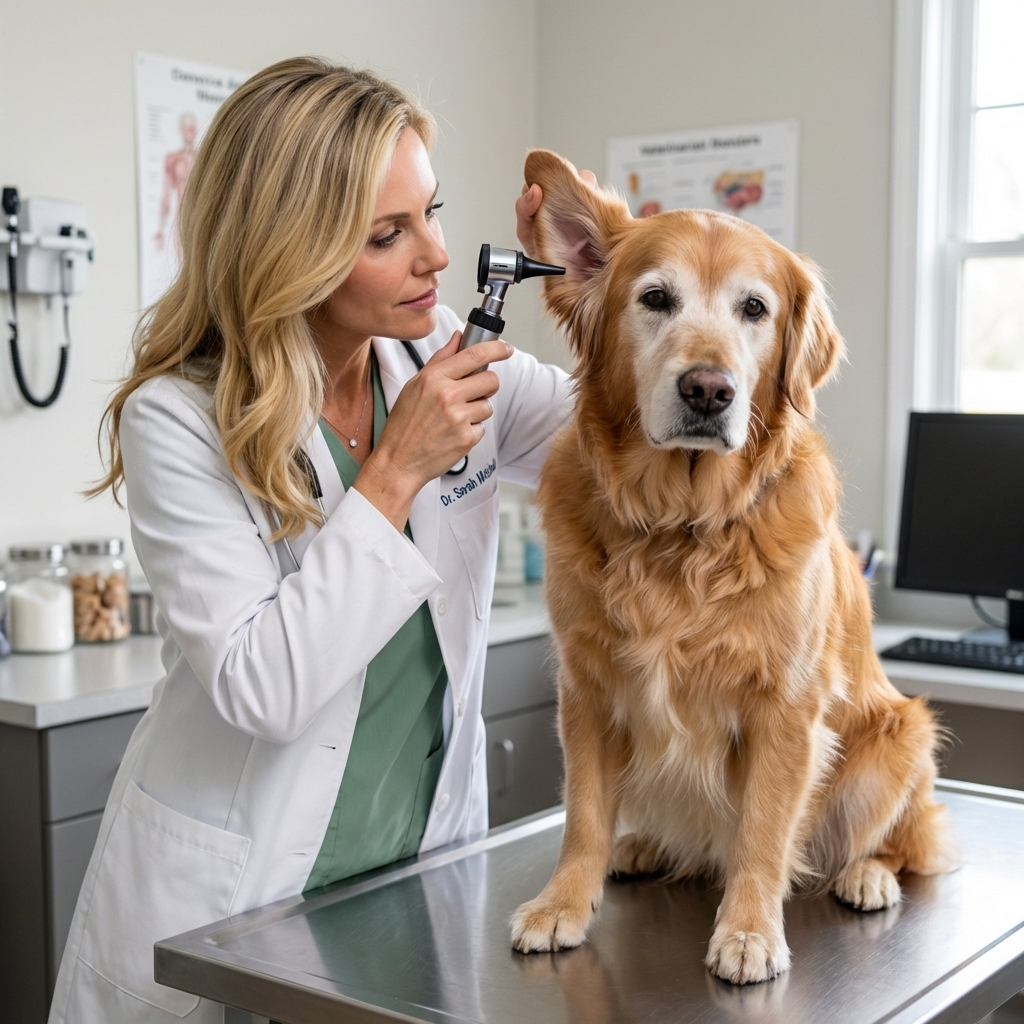 A veterinarian examining an older dog’s ears in a clinic exam room