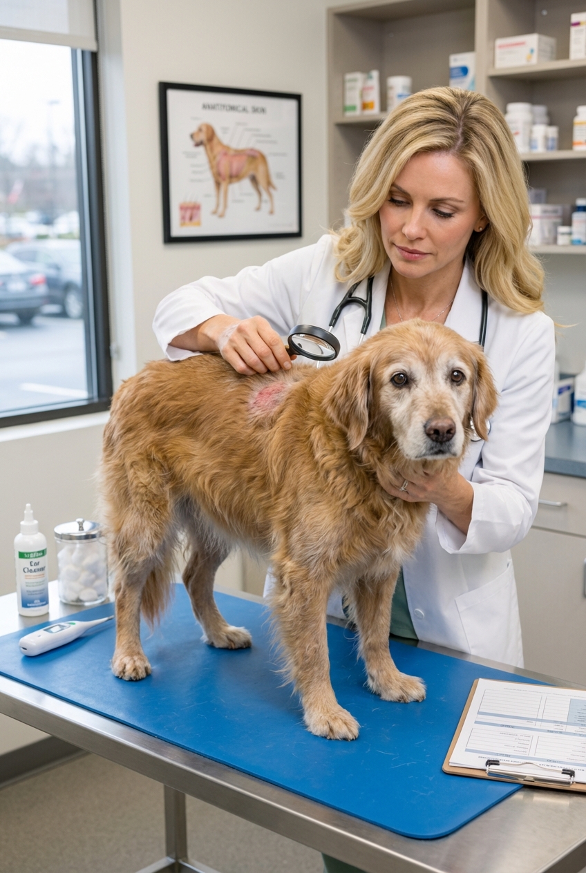 A veterinarian examining an older dog's skin and coat in a clinic exam room