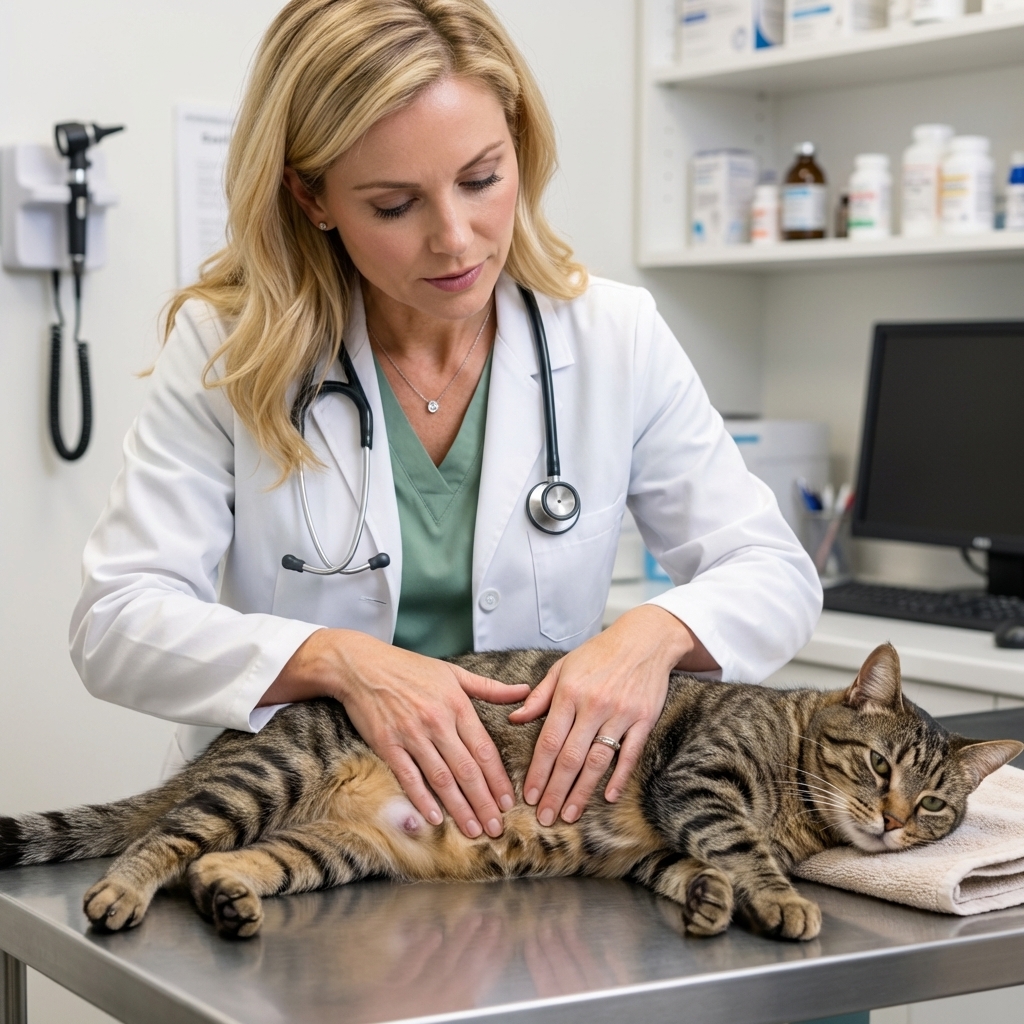 A veterinarian examining the lower abdomen of an adult cat on an exam table, hands gently palpating along the mammary chain, realistic veterinary clinic photography
