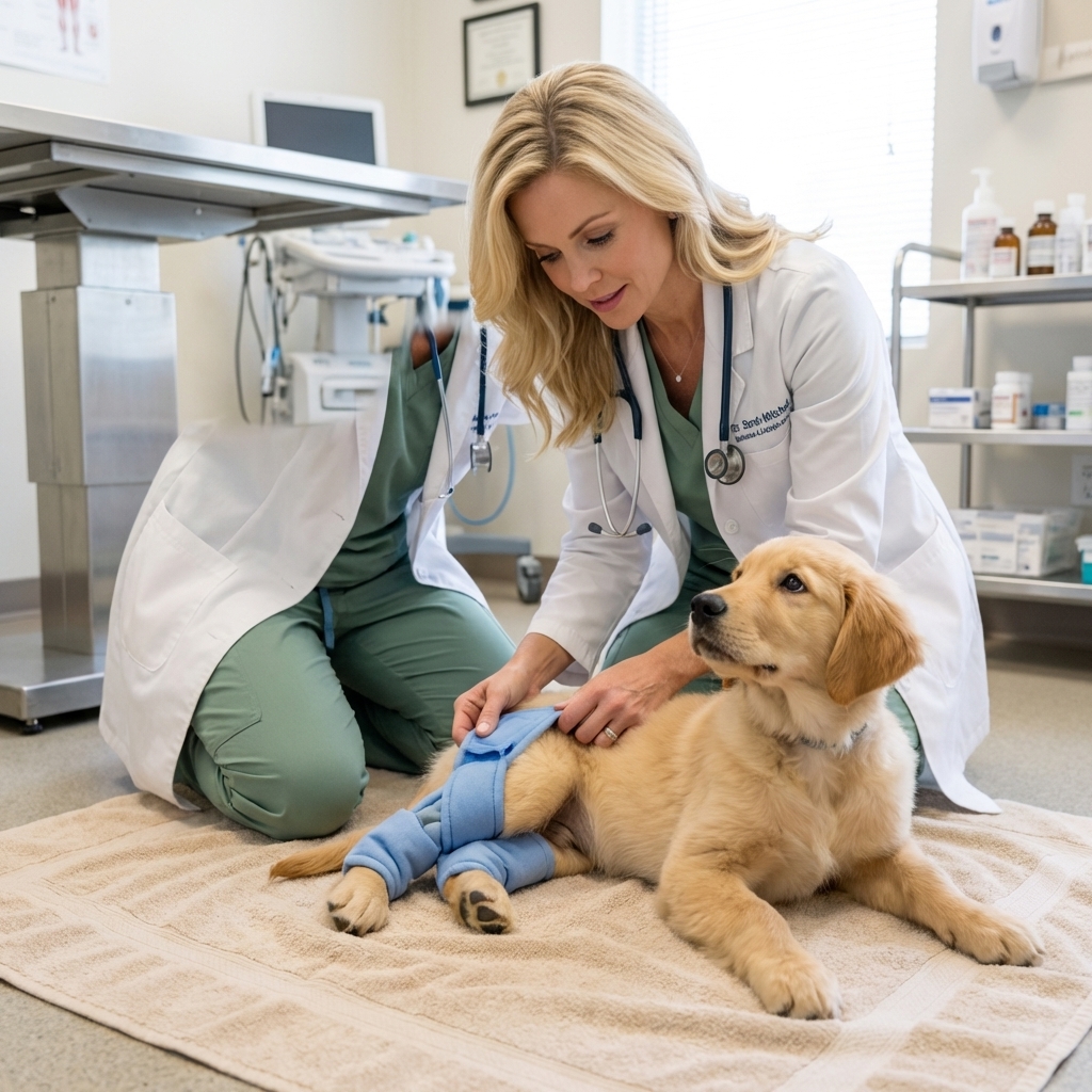 A veterinarian fitting a soft, padded hobble on a young puppy's hind legs while the puppy lies on a towel