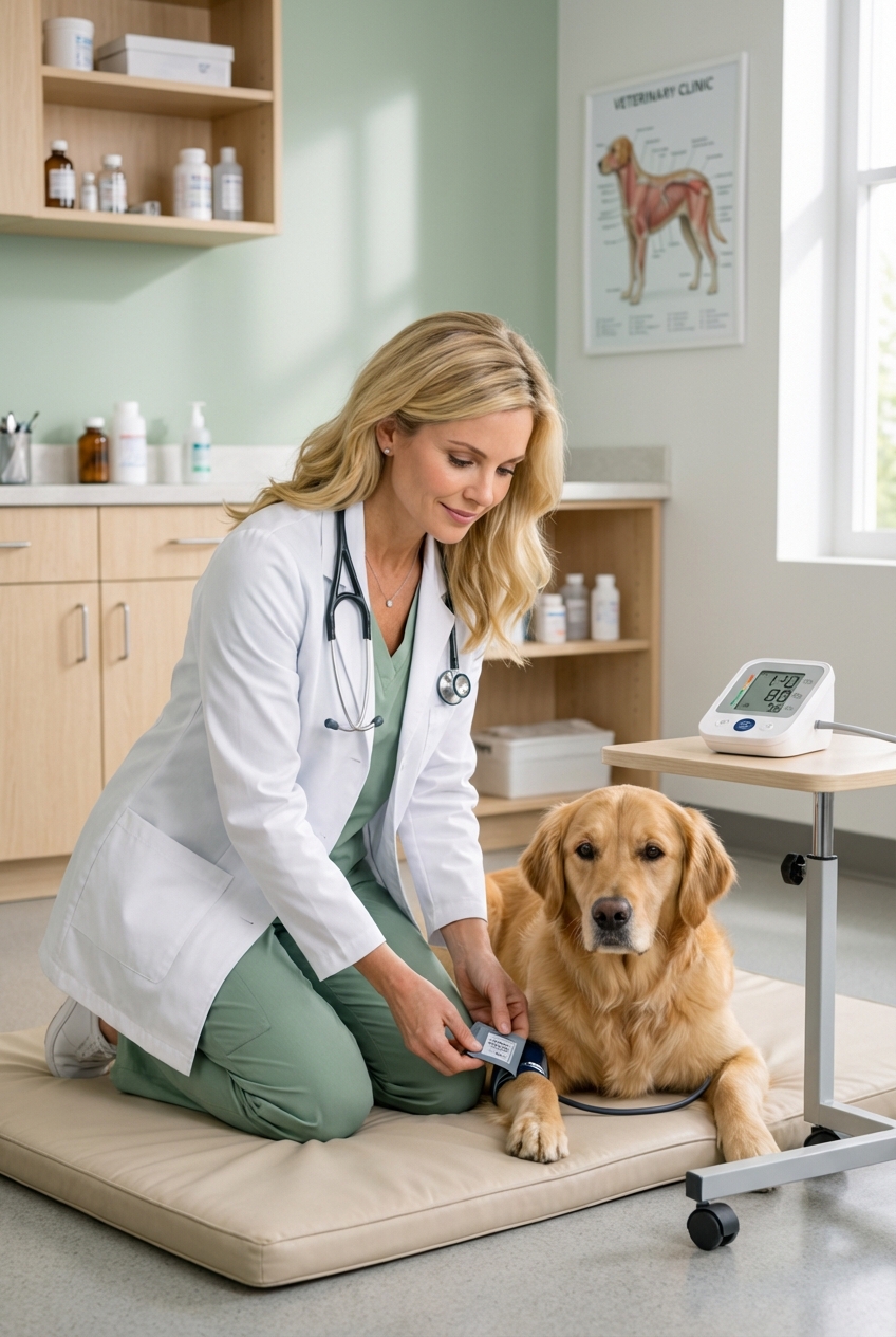 A veterinarian gently checking a dog's blood pressure with a cuff while the dog rests on a soft mat
