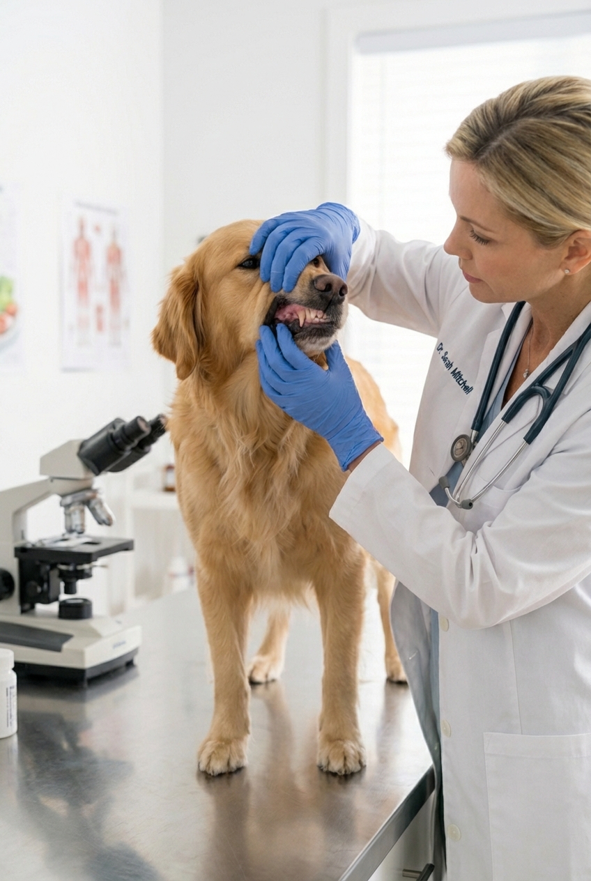 A veterinarian gently checking a dog’s gums during an exam in a bright clinic room