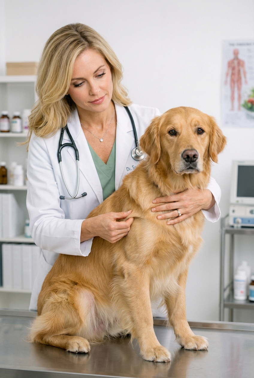 A veterinarian gently checking a dog's hydration by lifting the skin at the shoulder during a clinic exam
