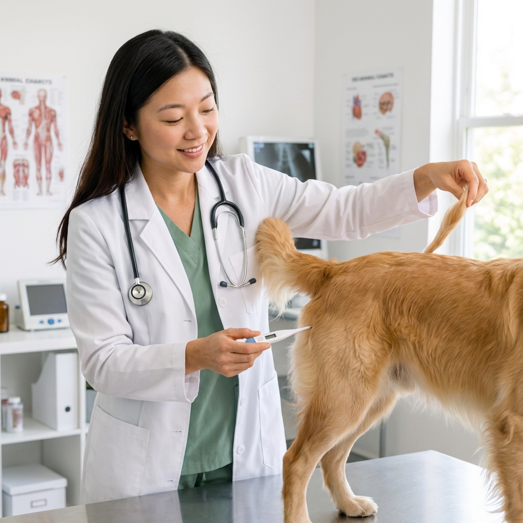 A veterinarian gently checking a dog’s temperature in a clinic exam room