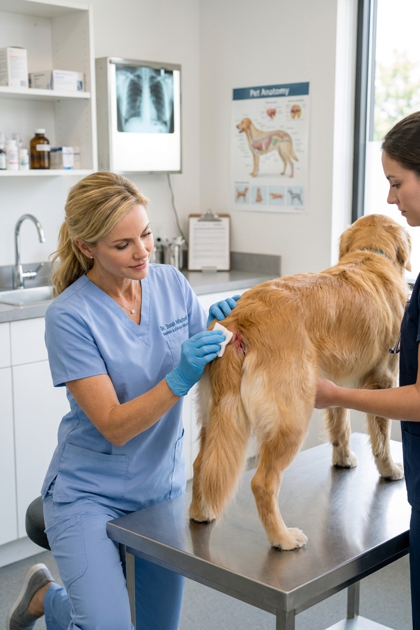 A veterinarian gently cleaning a dog's rear-area wound with gauze in a clinic setting, real photo style
