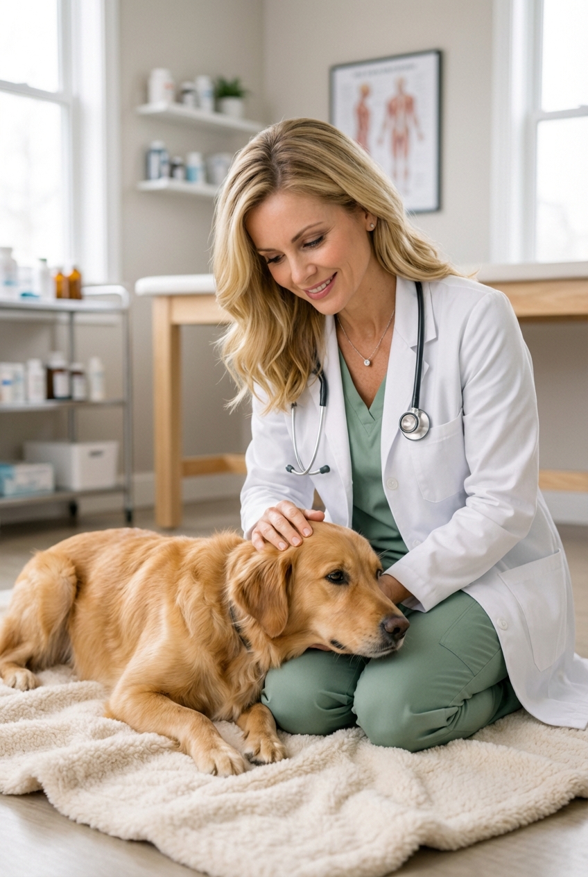 A veterinarian gently comforting a dog on a soft blanket in a quiet exam room