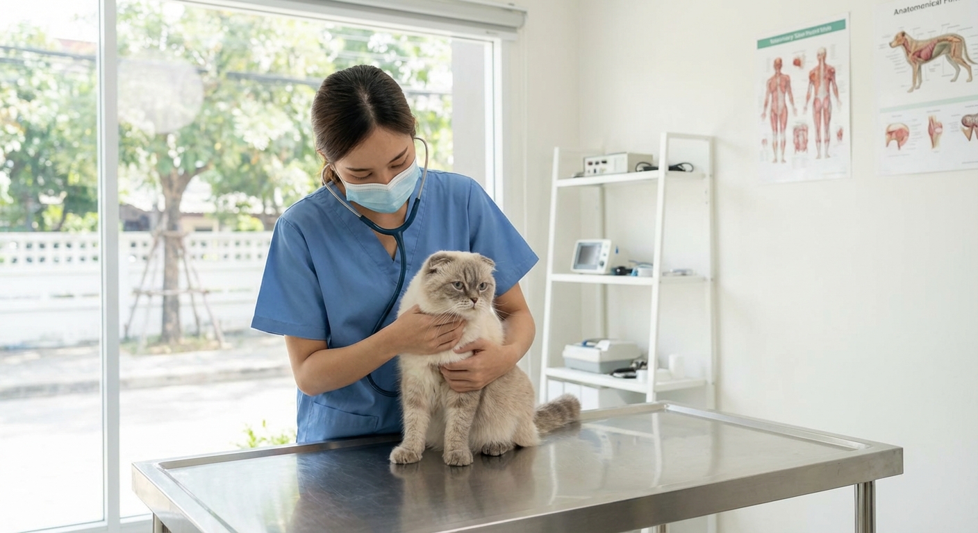 A veterinarian gently examining a Foldex cat on an exam table in a bright clinic room