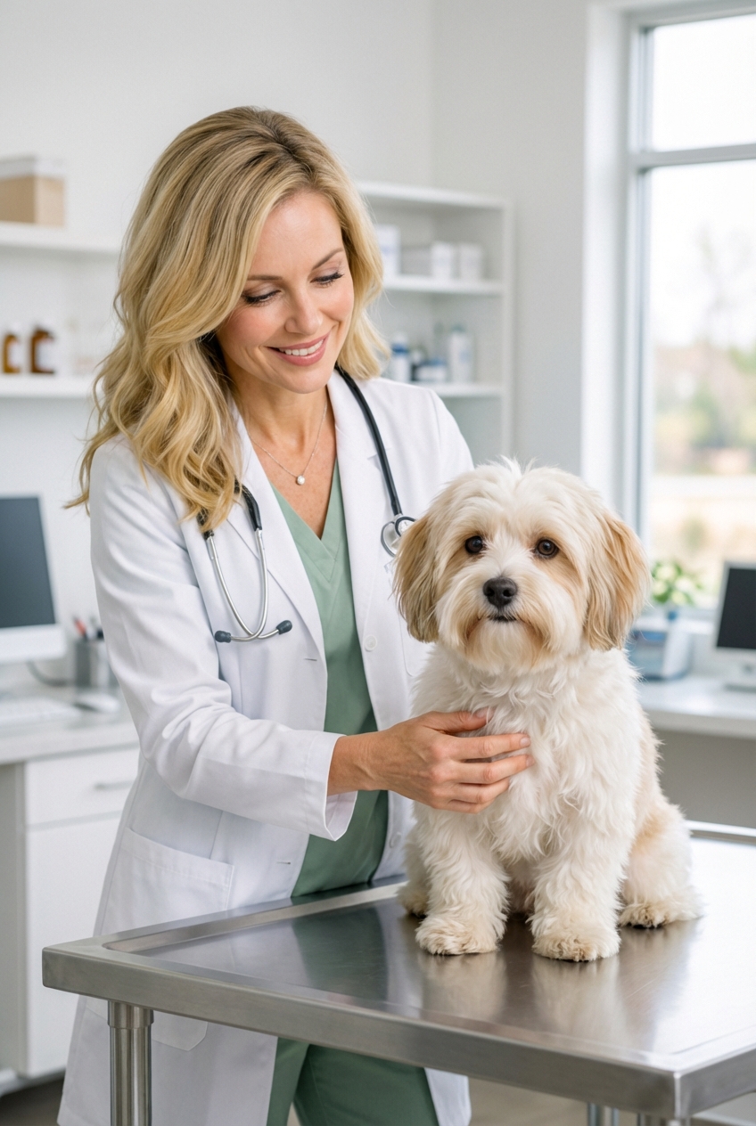 A veterinarian gently examining a Havanese during a wellness visit in a clean exam room