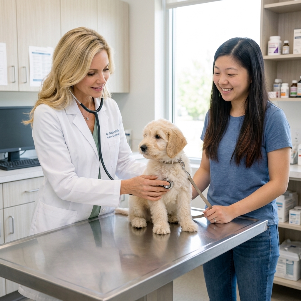 A veterinarian gently examining a Labradoodle puppy on an exam table while a family member holds the leash, bright clinic lighting, real photo style