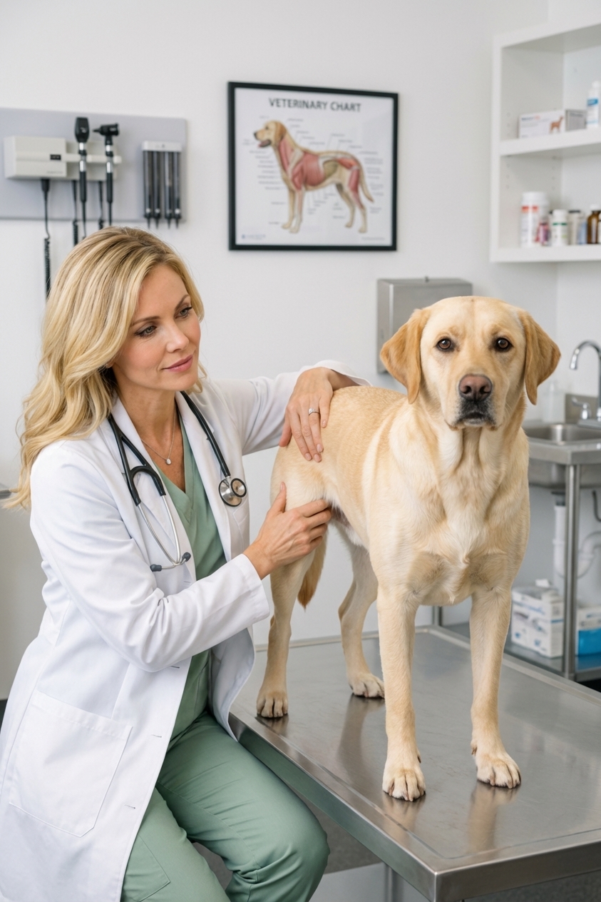 A veterinarian gently examining a Labrador Retriever’s hips in an exam room