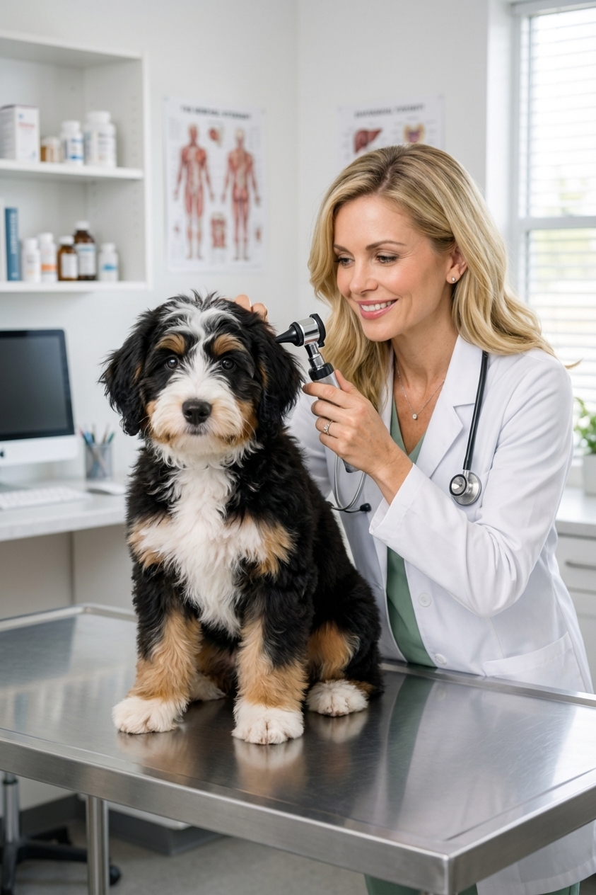 A veterinarian gently examining a Mini Bernedoodle on an exam table during a wellness visit, clinic setting, photorealistic