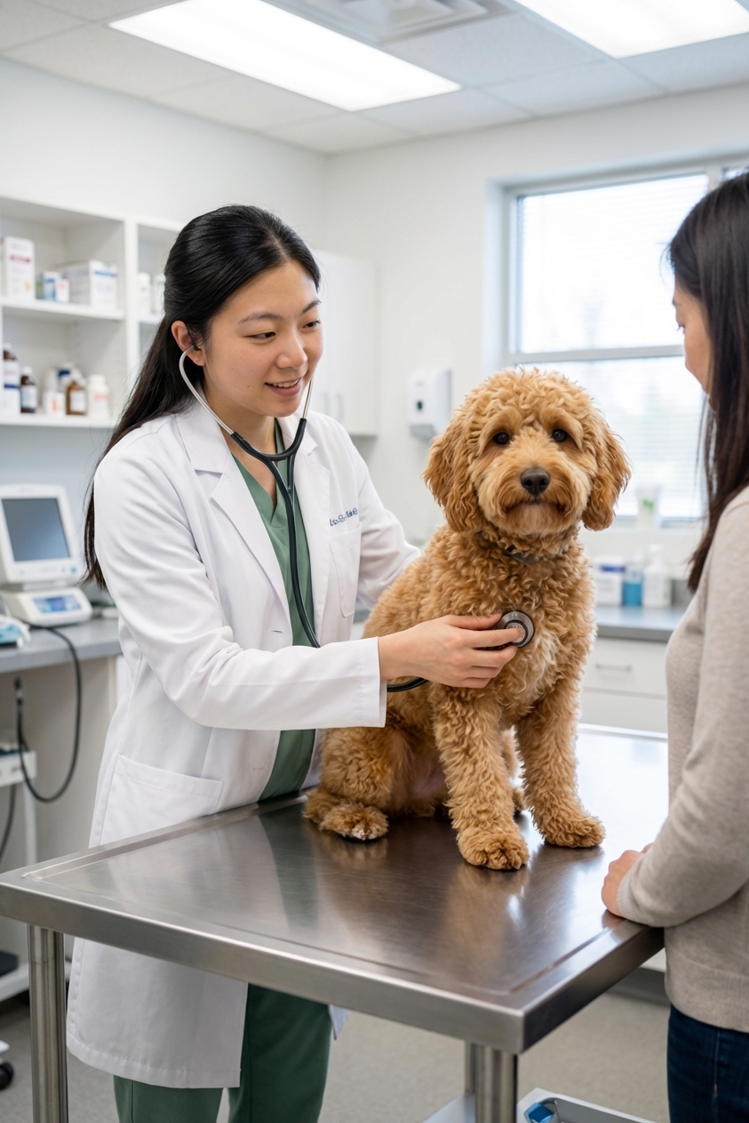 A veterinarian gently examining a Mini Goldendoodle on an exam table while the owner stands nearby, clean clinic setting, photorealistic
