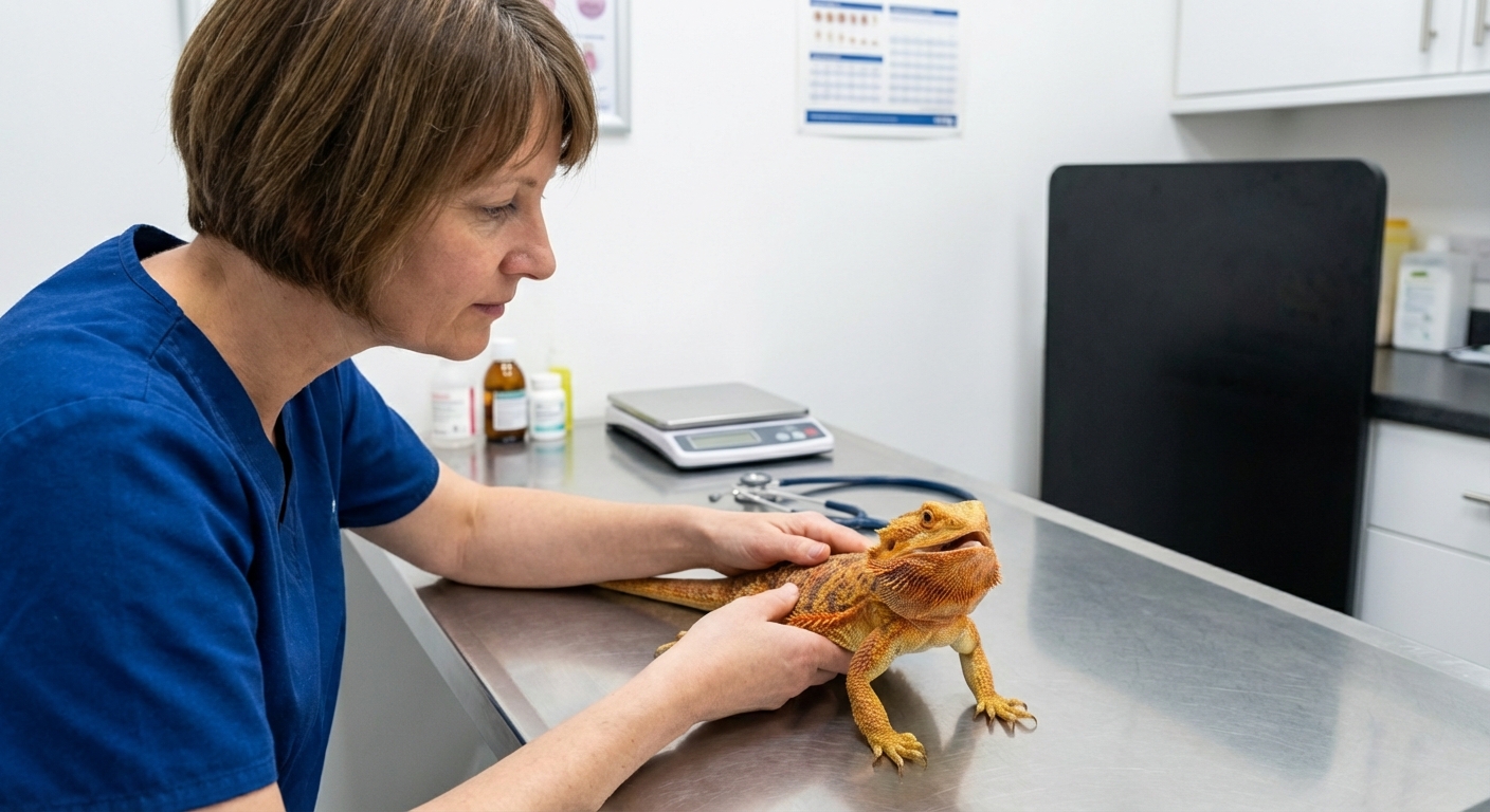A veterinarian gently examining a bearded dragon on a clinic table