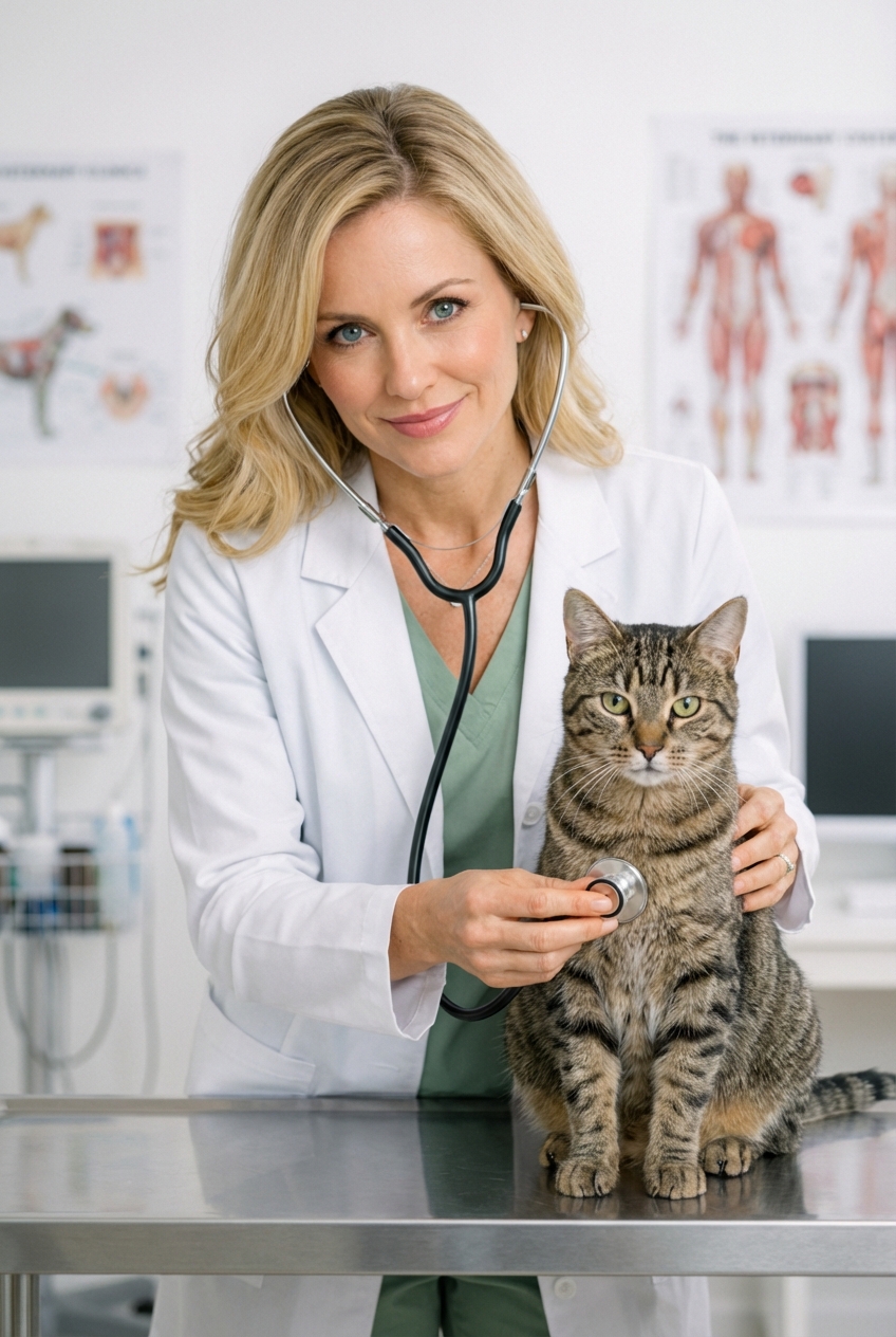 A veterinarian gently examining a calm adult cat on an exam table