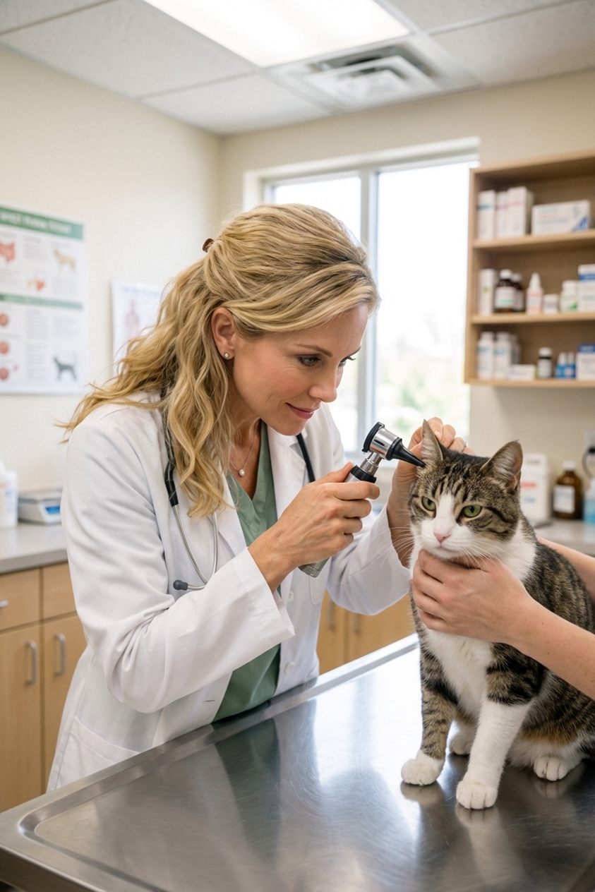 A veterinarian gently examining a calm adult cat's ear with an otoscope in a bright veterinary exam room, realistic candid photo
