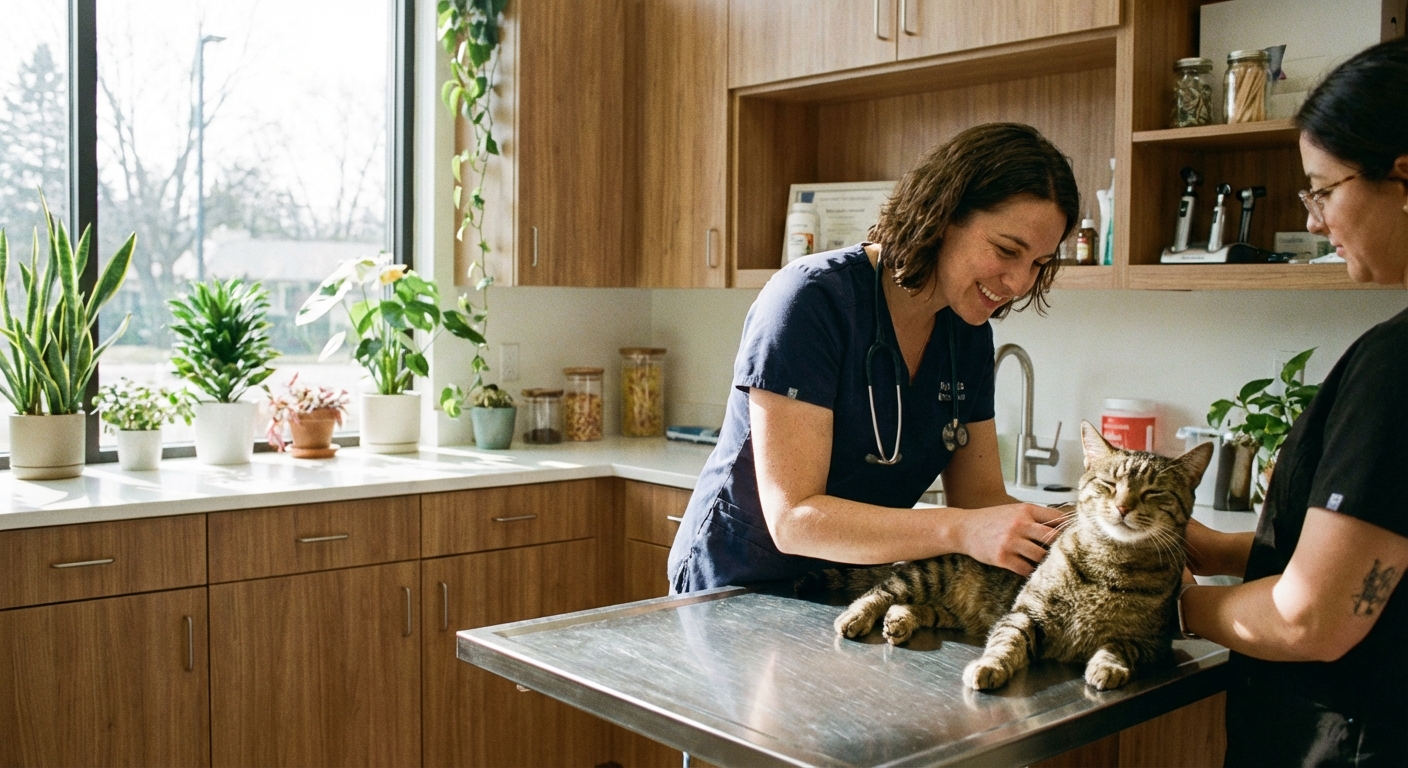 A veterinarian gently examining a calm cat on an exam table in a bright clinic room
