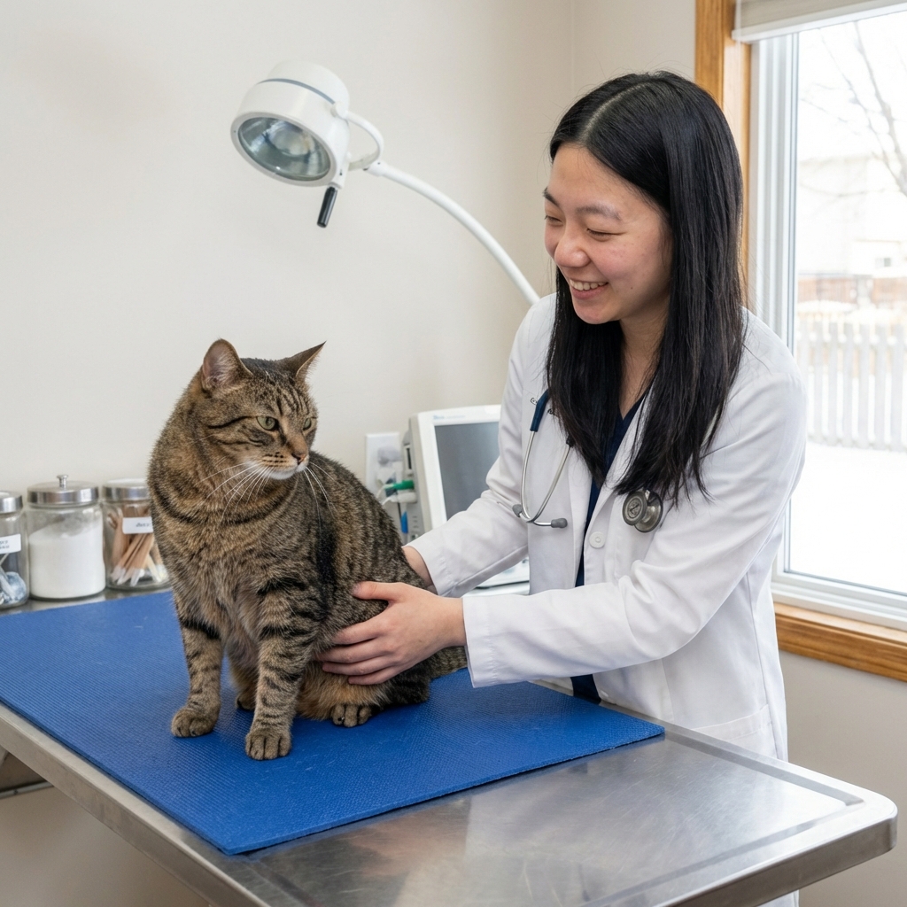A veterinarian gently examining a calm cat on an exam table in a clinic