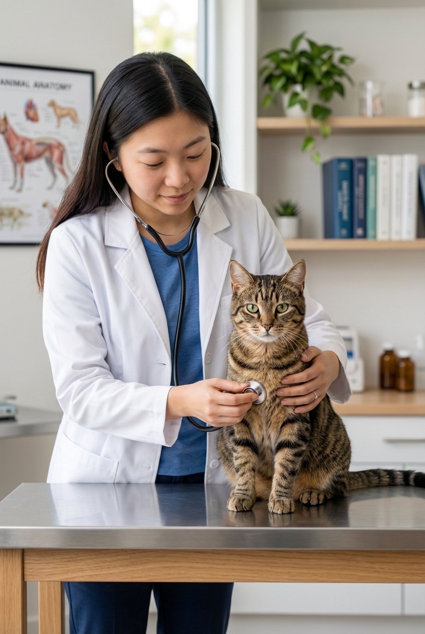 A veterinarian gently examining a calm cat on an exam table in a clinic room
