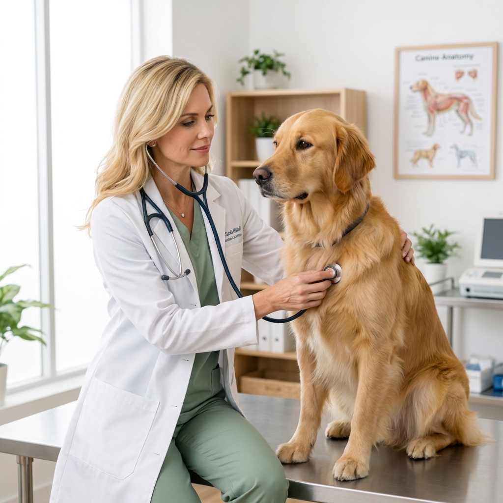 A veterinarian gently examining a calm dog on an exam table in a bright clinic room