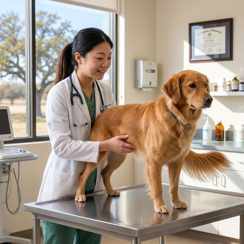 A veterinarian gently examining a calm medium-sized dog on an exam table in a bright Texas veterinary clinic exam room
