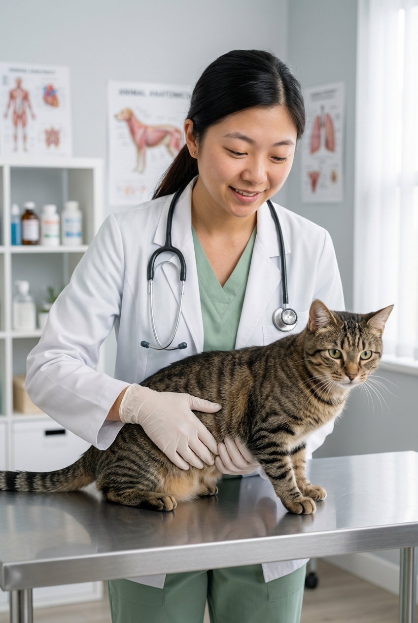 A veterinarian gently examining a cat on a clinic table