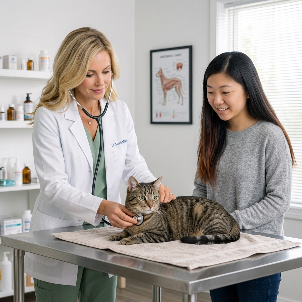 A veterinarian gently examining a cat on a clinic table while the owner stands nearby