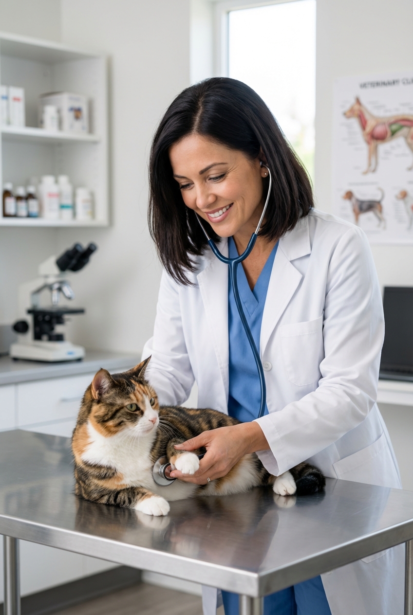 A veterinarian gently examining a cat on a stainless steel exam table in a clinic