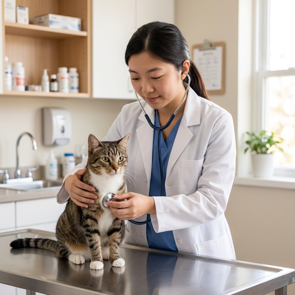 A veterinarian gently examining a cat on a stainless steel exam table in a clinic room