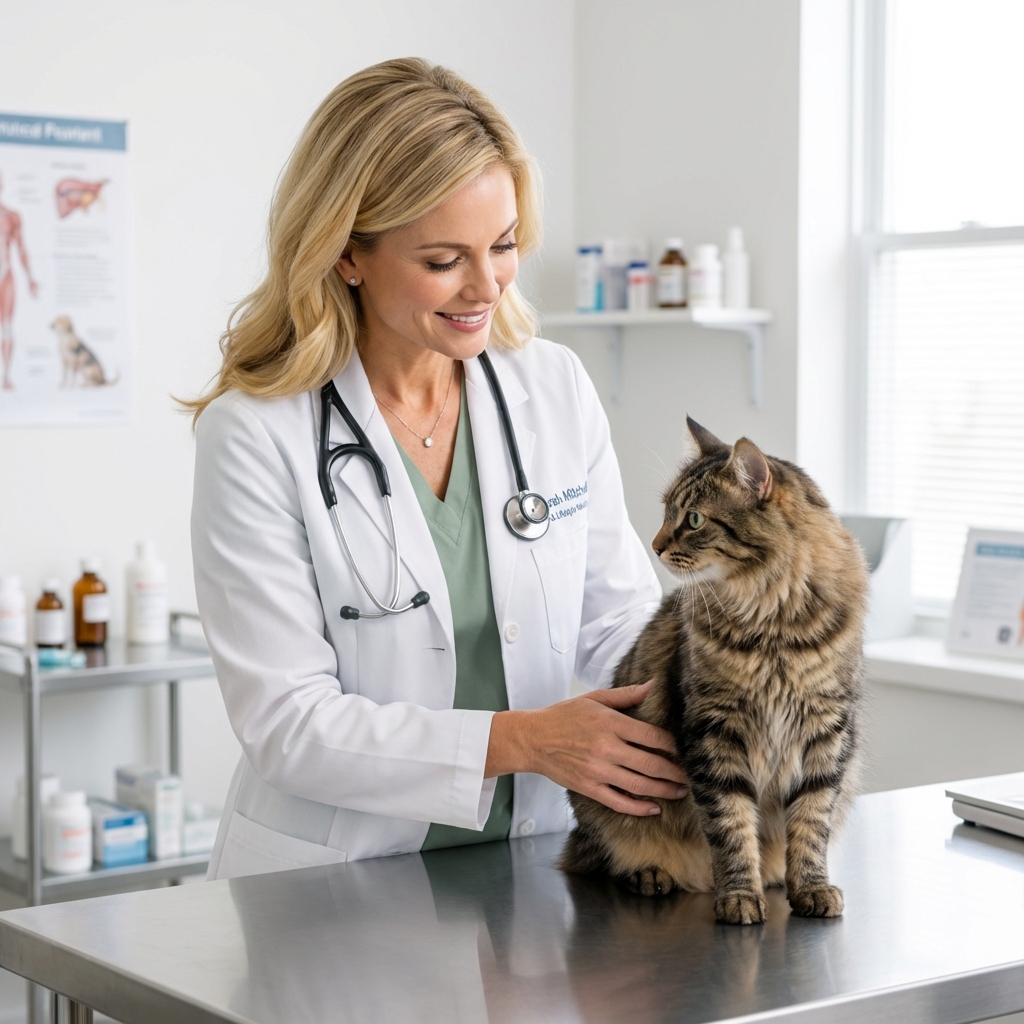 A veterinarian gently examining a cat on a stainless steel exam table in a bright clinic room