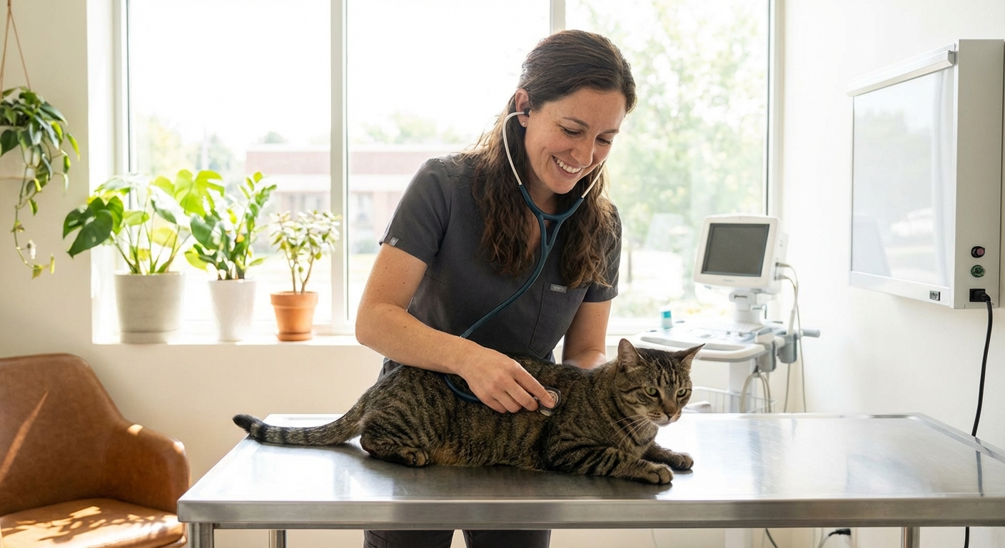 A veterinarian gently examining a cat on an exam table in a bright clinic room