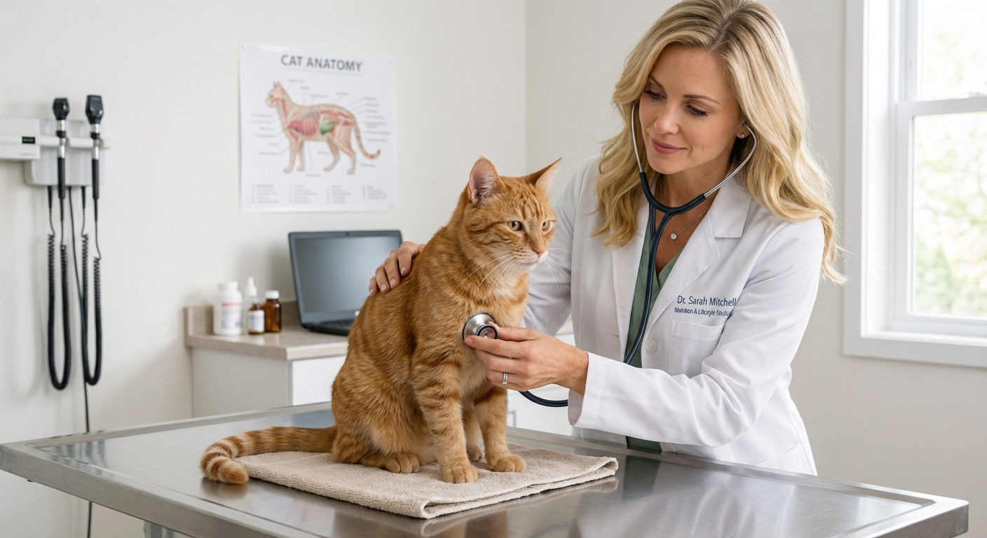 A veterinarian gently examining a cat on an exam table in a calm clinic room