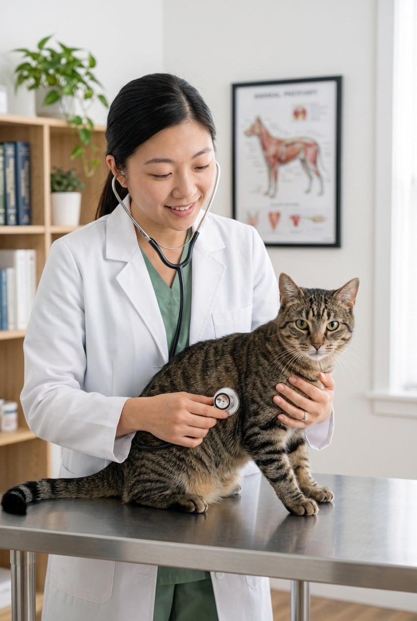 A veterinarian gently examining a cat on an exam table while listening to the chest with a stethoscope