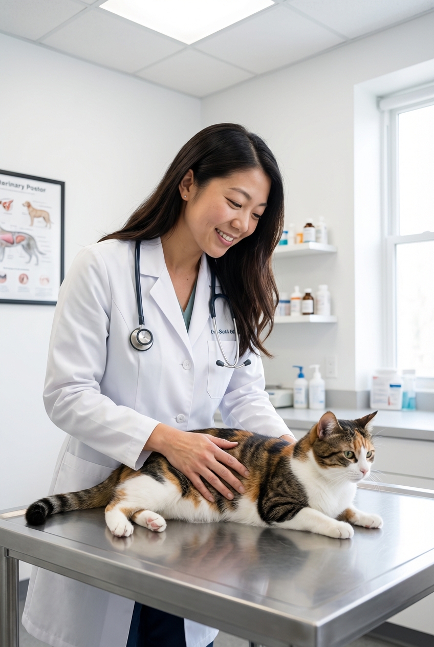 A veterinarian gently examining a cat on an exam table in a bright veterinary clinic