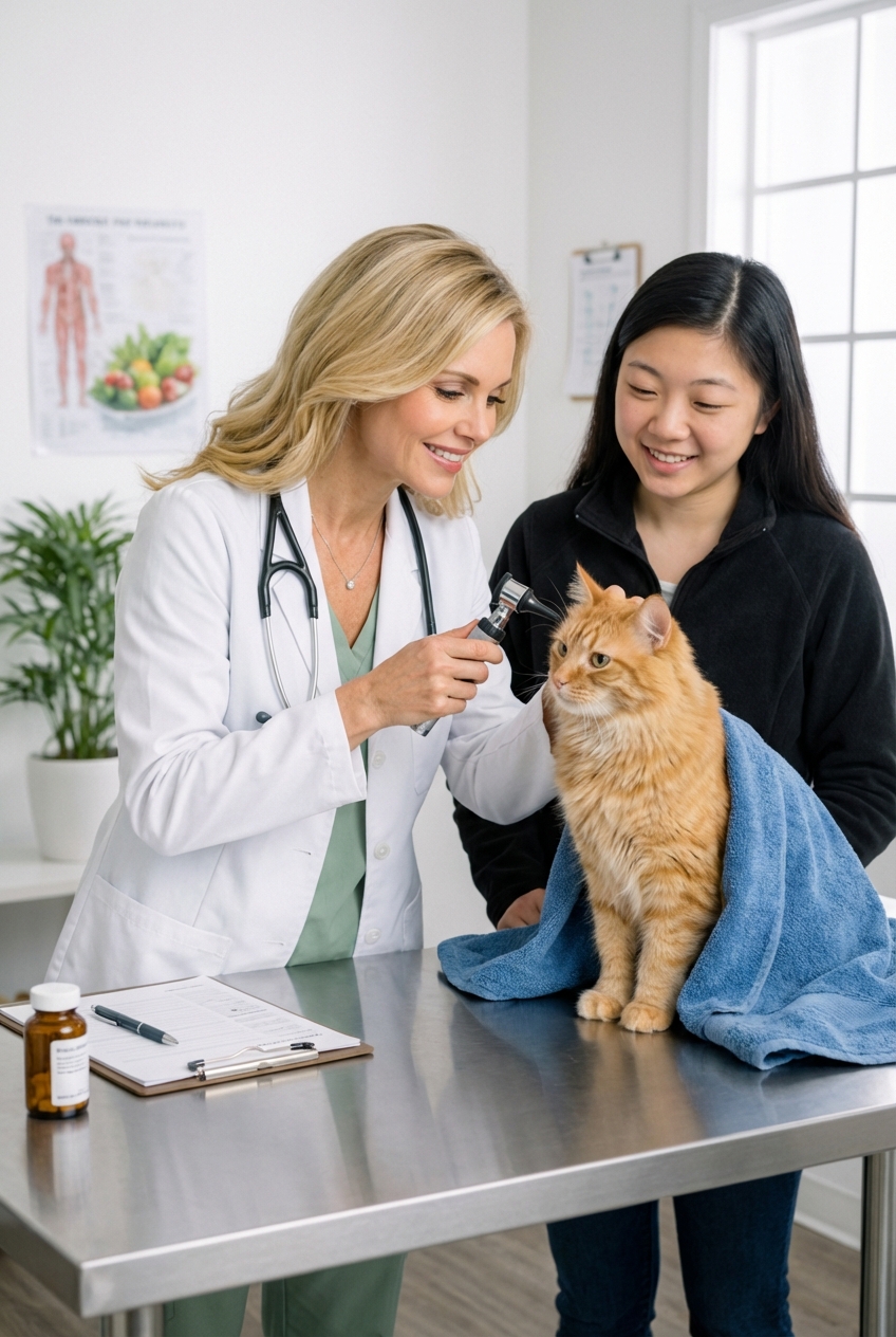 A veterinarian gently examining a cat on an exam table while a pet parent stands nearby