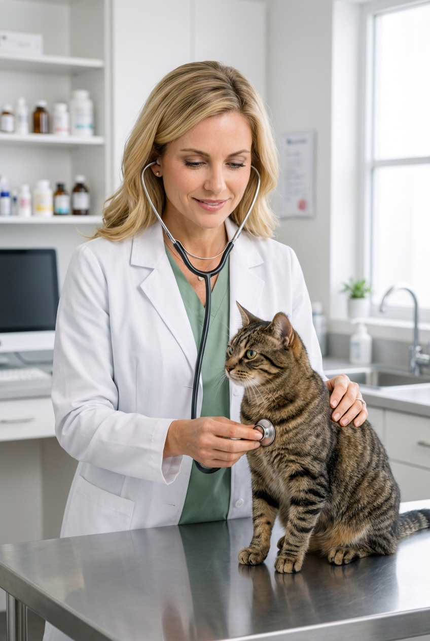 A veterinarian gently examining a cat on an exam table in a clinic