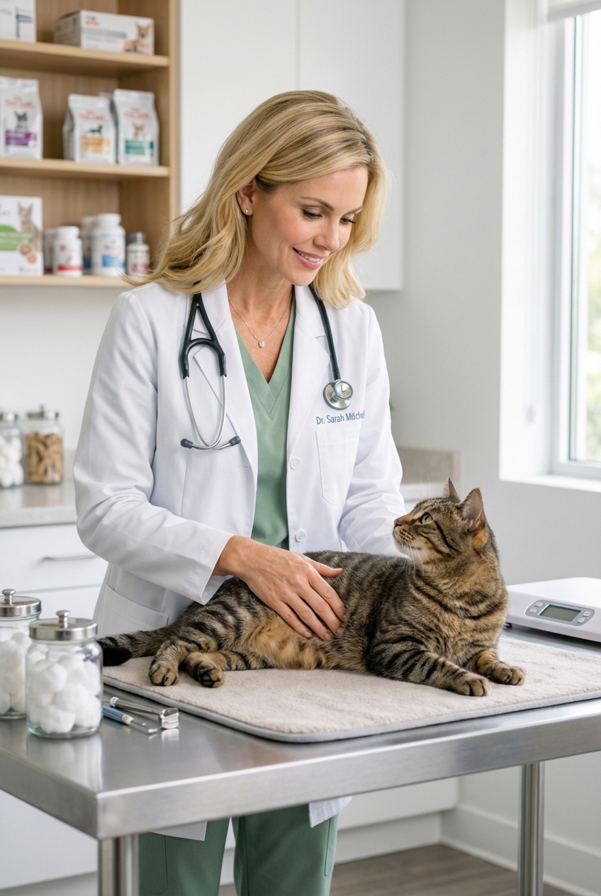 A veterinarian gently examining a cat on an exam table in a bright clinic room