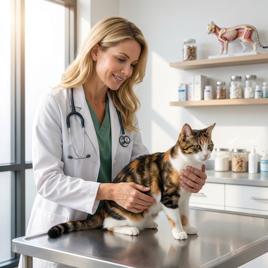 A veterinarian gently examining a cat on an exam table in a bright clinic room