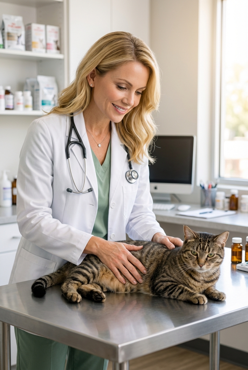 A veterinarian gently examining a cat on an exam table in a bright clinic room