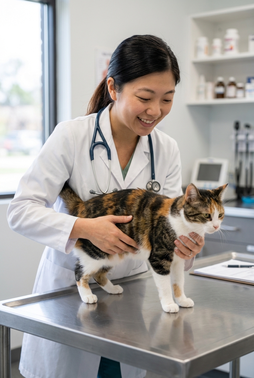 A veterinarian gently examining a cat on an exam table in a clinic setting