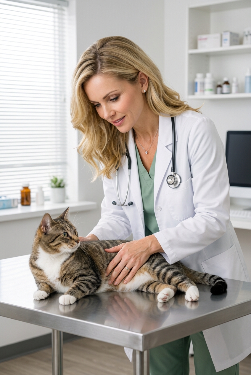 A veterinarian gently examining a cat on an exam table in a bright clinic room