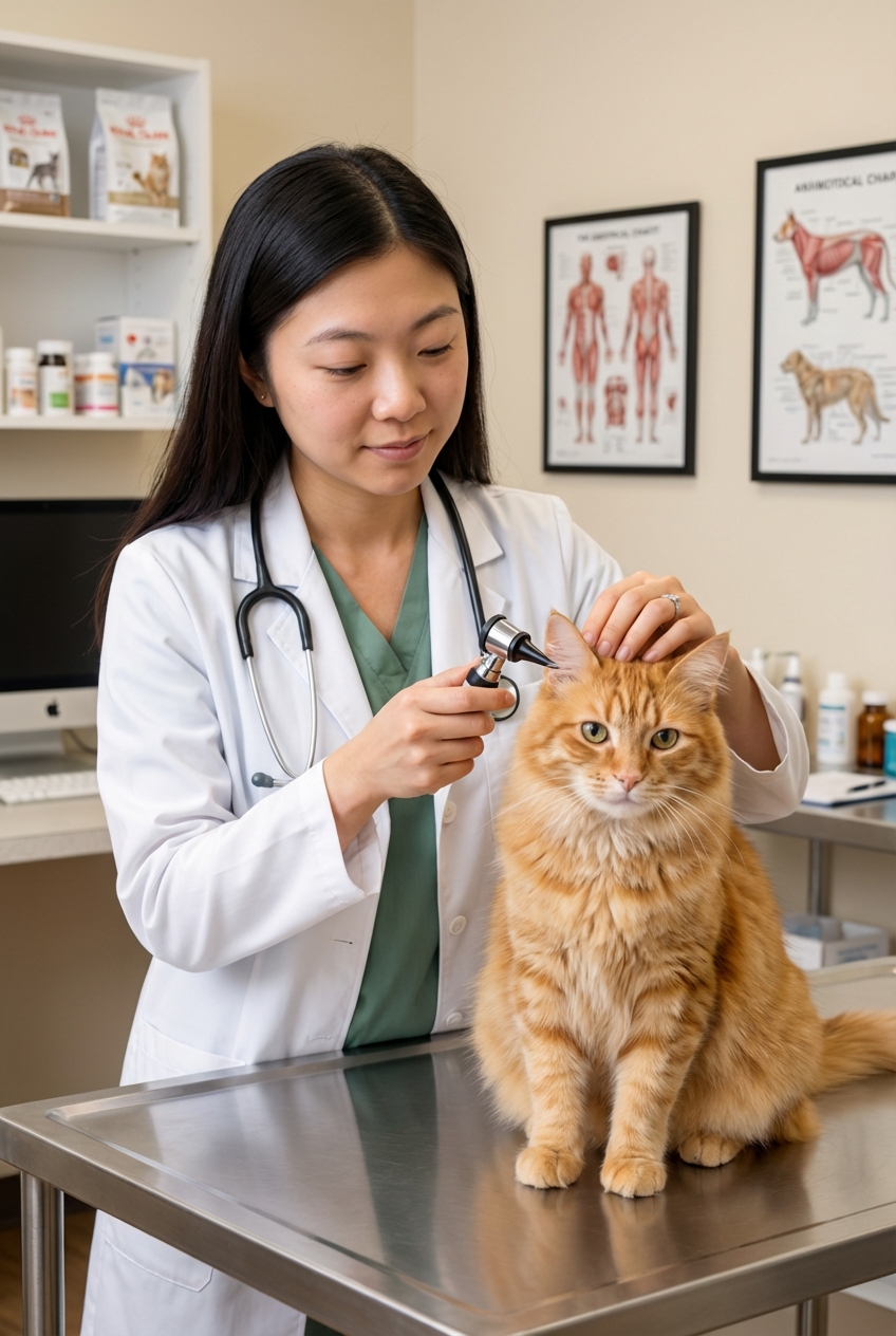 A veterinarian gently examining a cat on an exam table in a calm clinic room