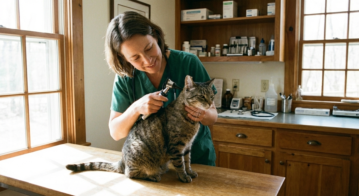 A veterinarian gently examining a cat on an exam table in a clinic room