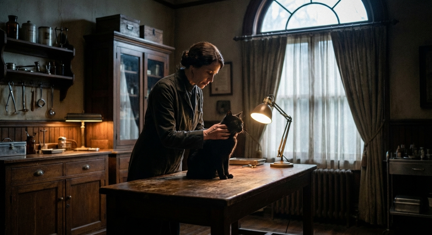 A veterinarian gently examining a cat on an exam table in a clinic