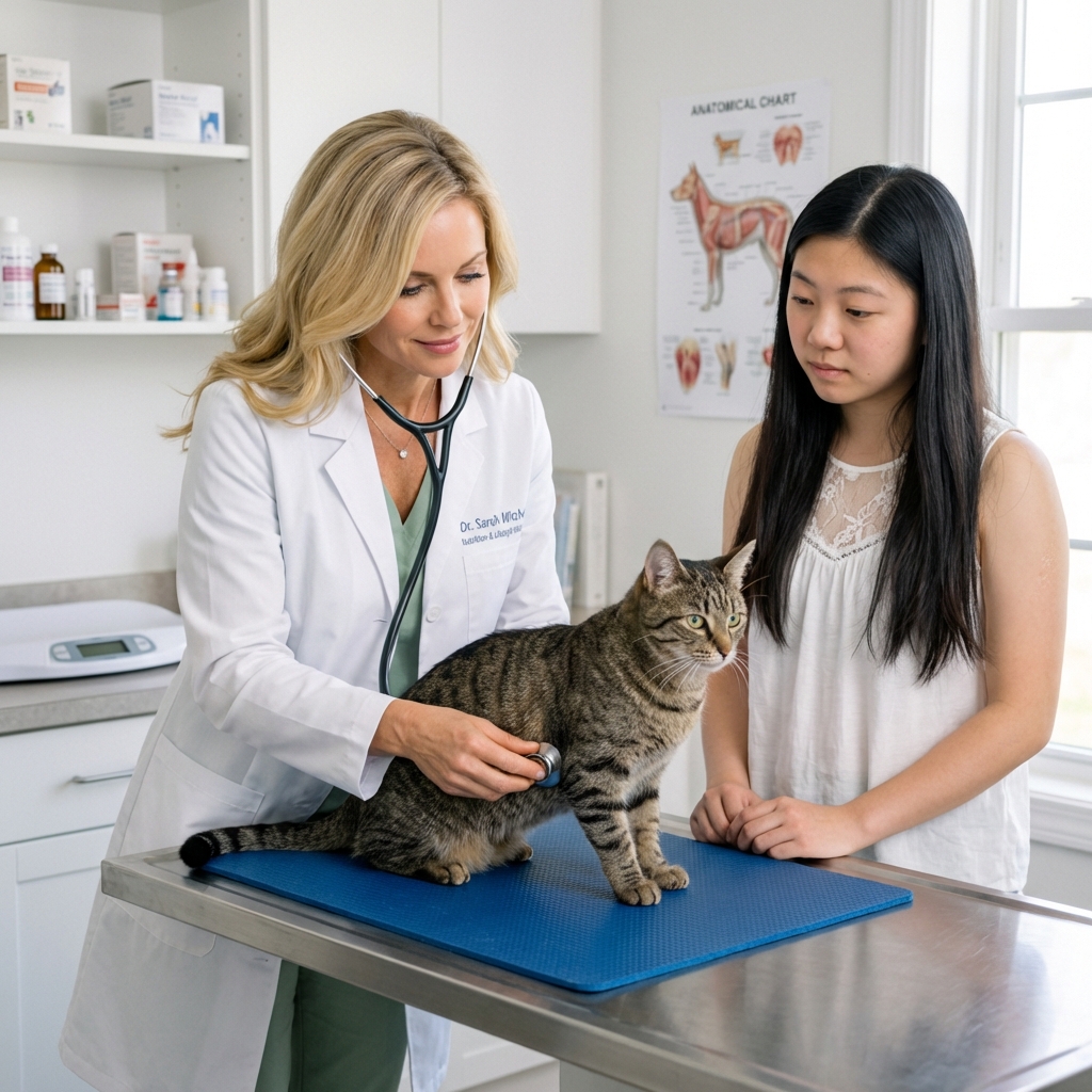 A veterinarian gently examining a cat on an exam table while the owner stands nearby