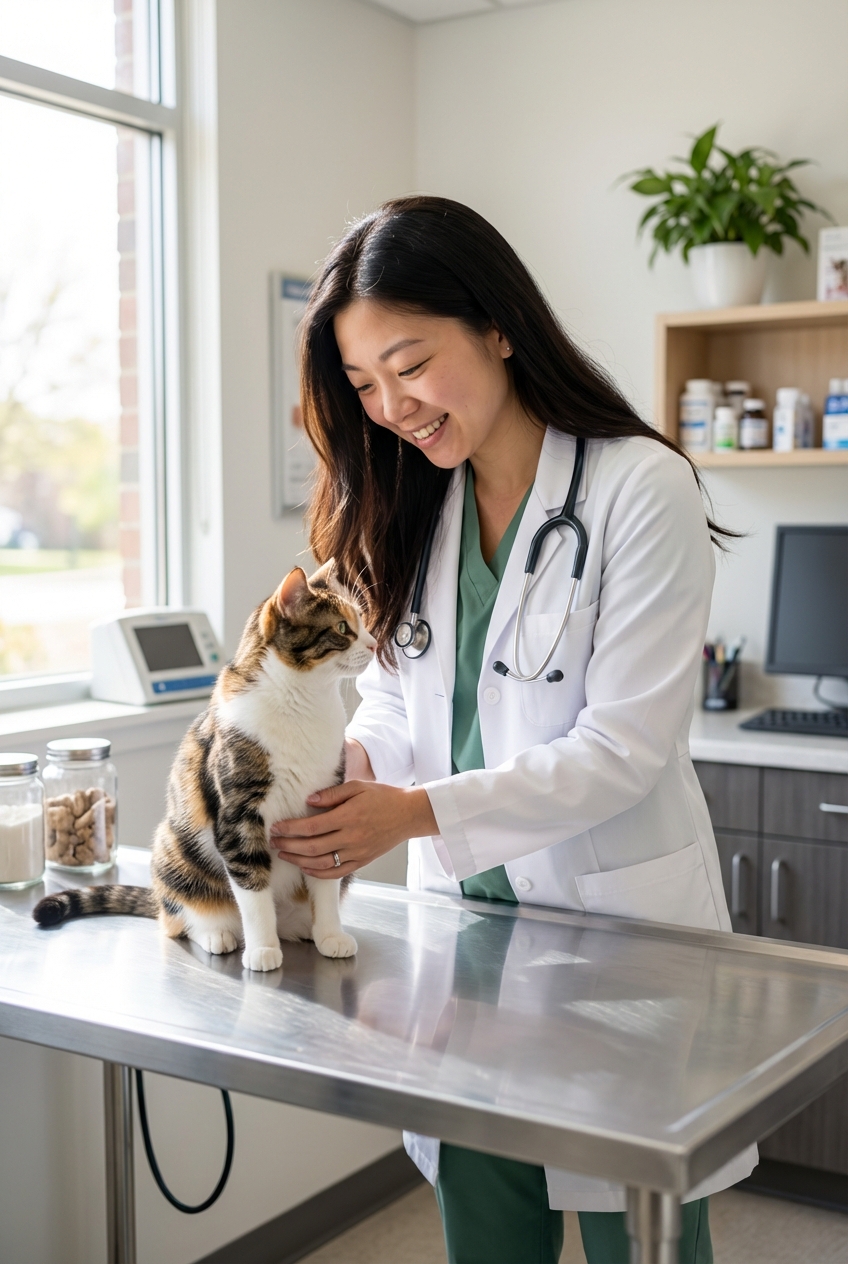 A veterinarian gently examining a cat on an exam table in a bright clinic room