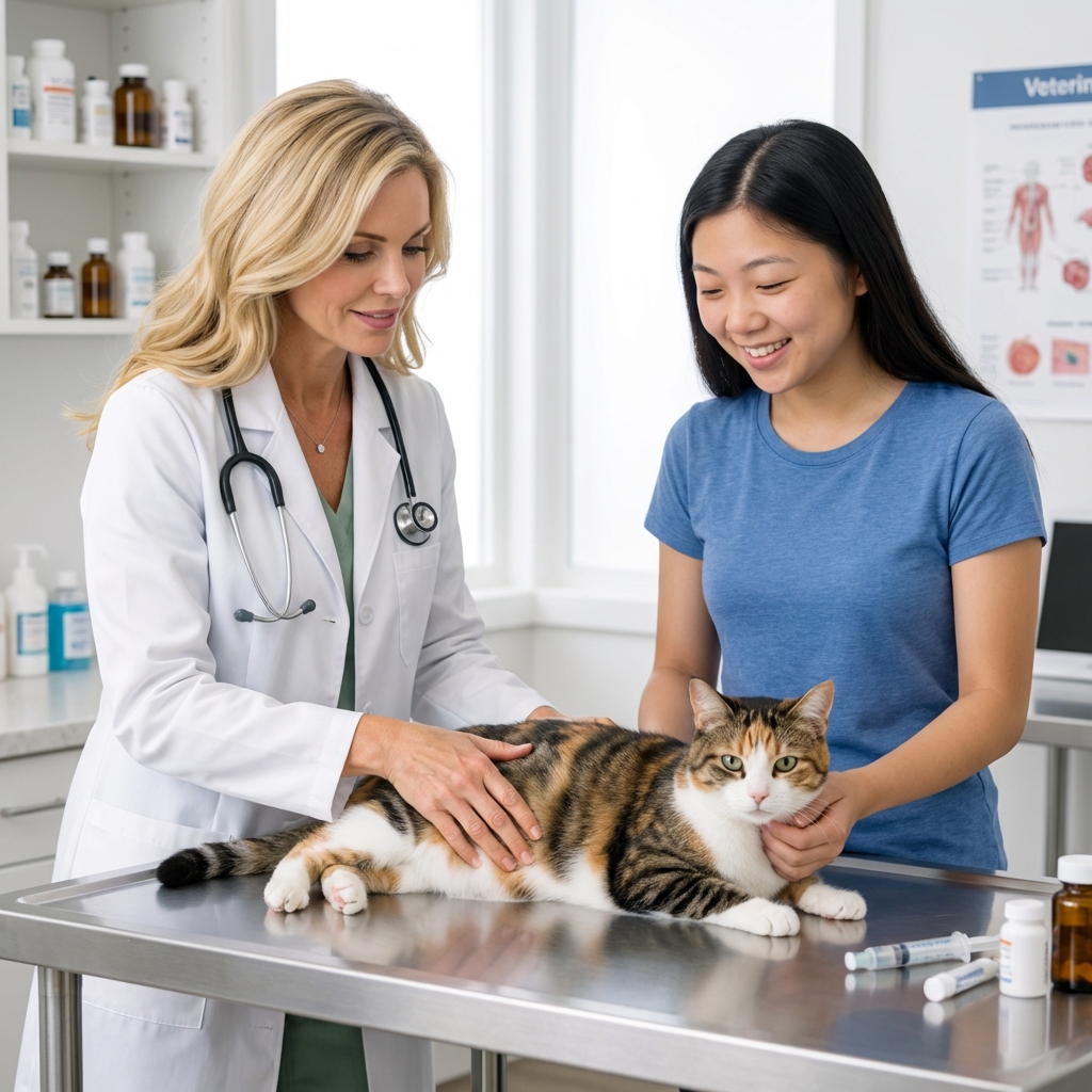 A veterinarian gently examining a cat on an exam table while a pet parent supports the cat