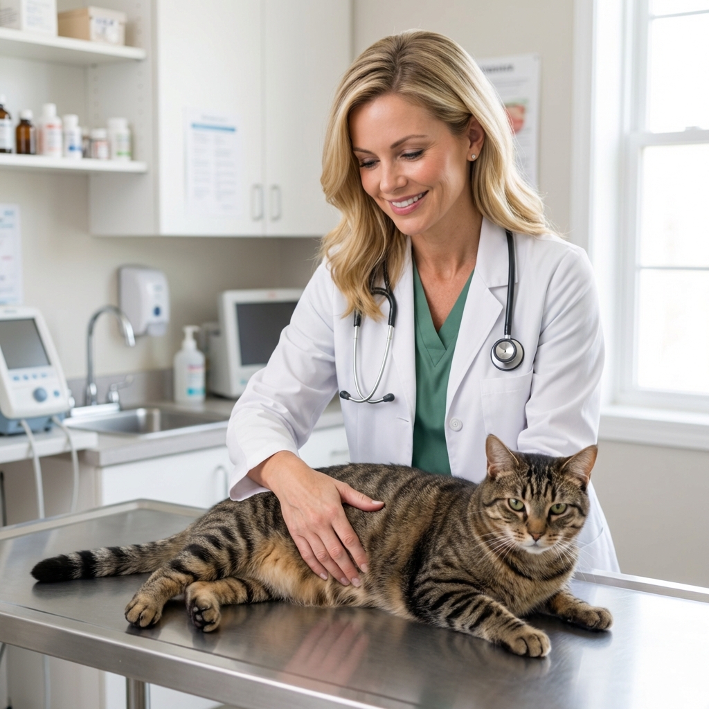 A veterinarian gently examining a cat on an exam table in a bright clinic room