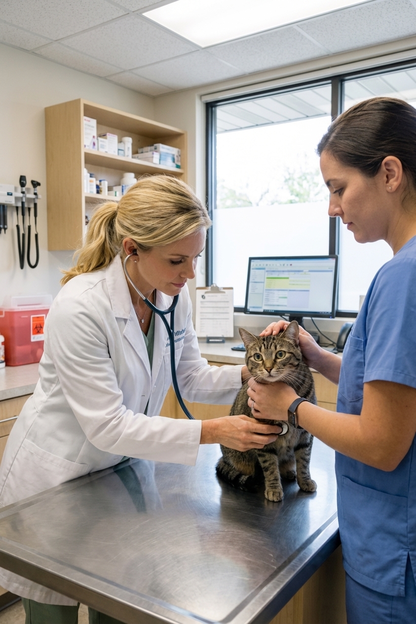 A veterinarian gently examining a cat on an exam table while an assistant holds the cat securely, clinic setting, realistic documentary-style photography