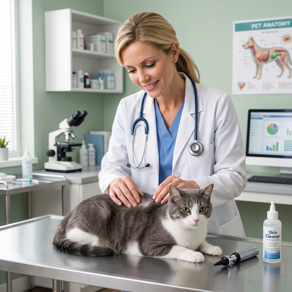 A veterinarian gently examining a cat’s coat and skin in a clinic exam room