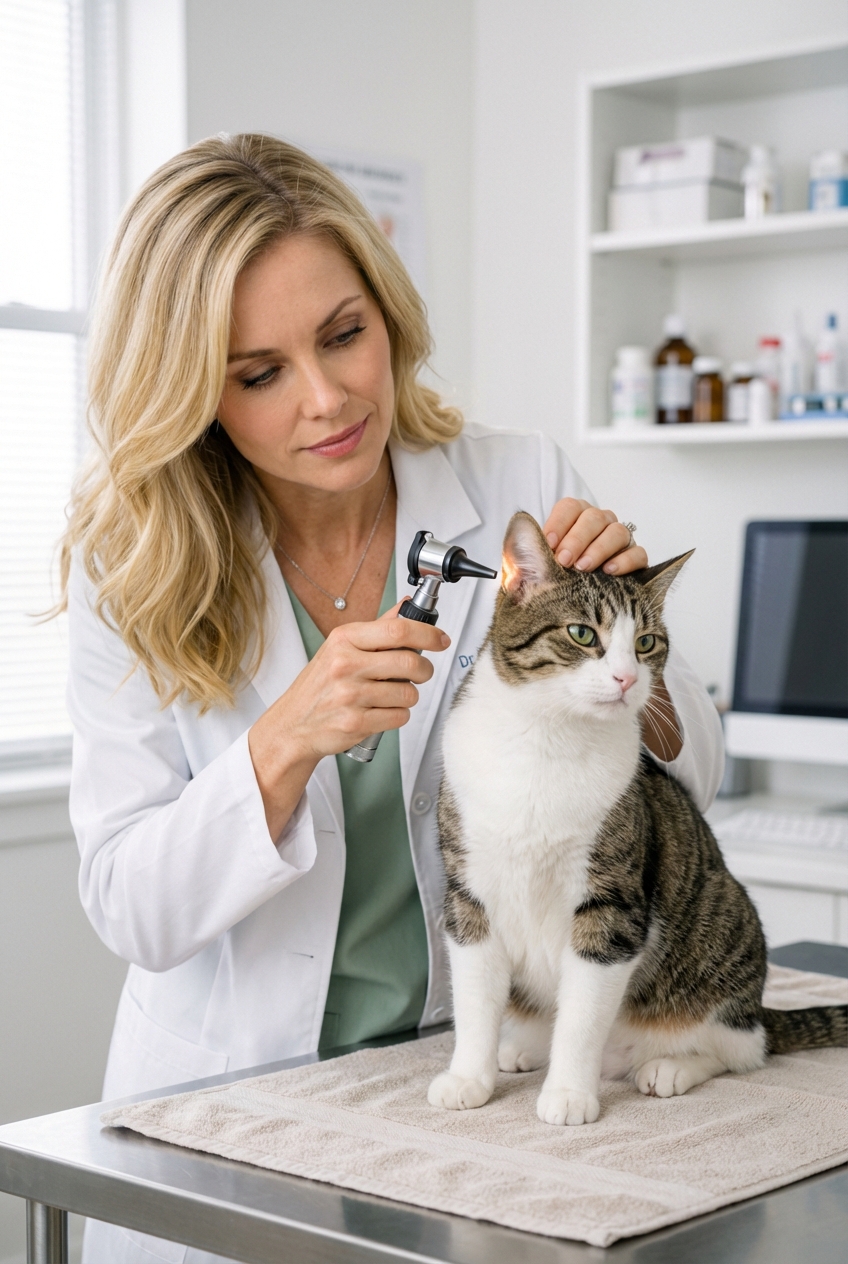 A veterinarian gently examining a cat's ear in a clinic exam room